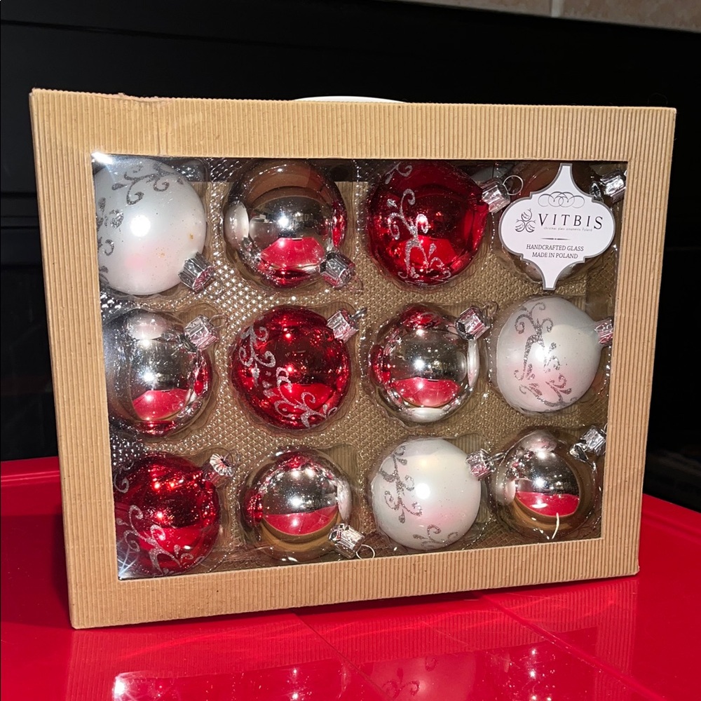 VITBIS handcrafted glass ornaments made in Poland.Red and Silver Glass Ornaments